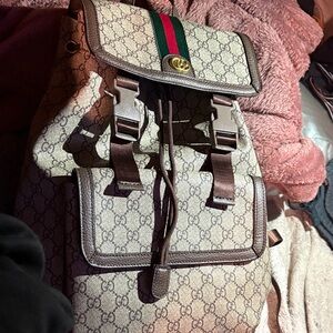 Gucci Beige Monogram Backpack with Red and Green Stripe Authentic Gucci